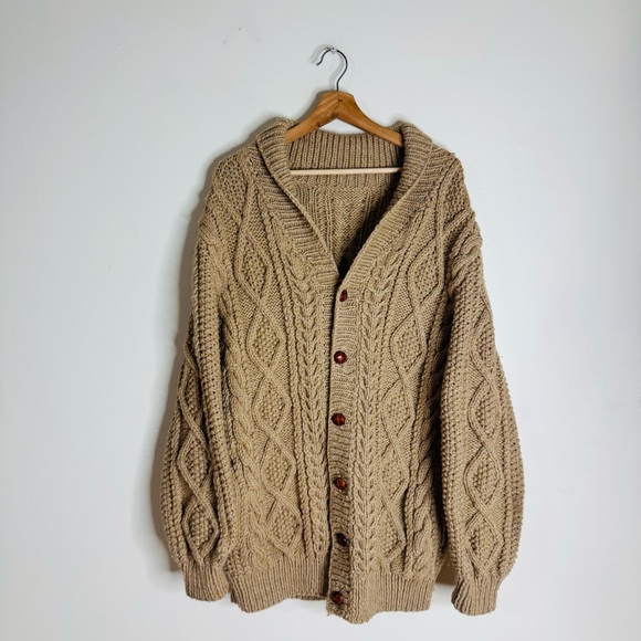 Vtg button up chunky Cable Knit cowl Cardigan Sweater cozy size Large unisex - Picture 1 of 16